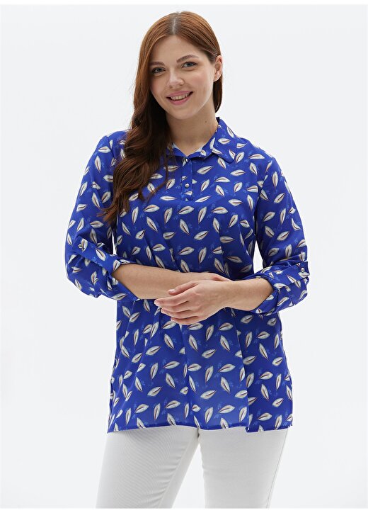 Selen Gömlek Yaka Emprime Saks Kadın Bluz 24YSL8846-BB 1
