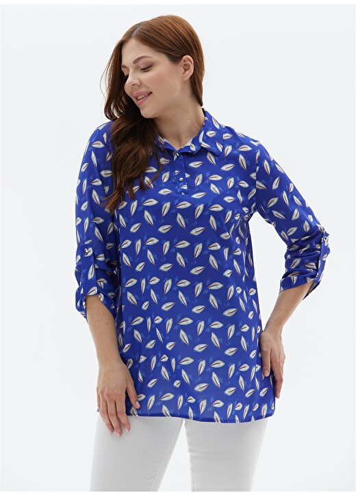 Selen Gömlek Yaka Emprime Saks Kadın Bluz 24YSL8846-BB 2