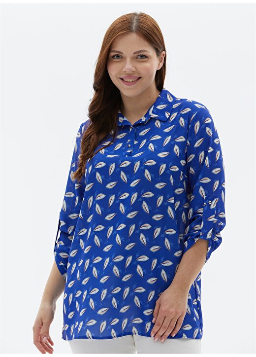 Selen Gömlek Yaka Emprime Saks Kadın Bluz 24YSL8846-BB 3