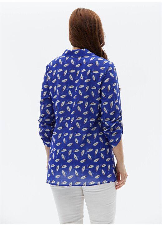 Selen Gömlek Yaka Emprime Saks Kadın Bluz 24YSL8846-BB 4