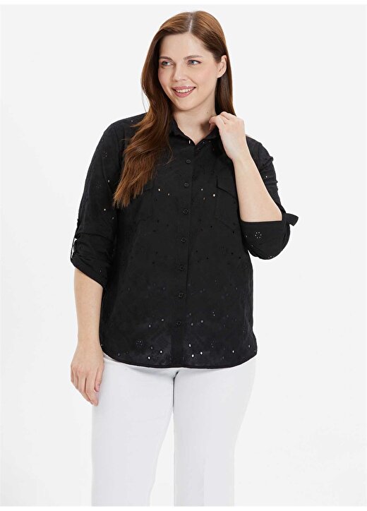 Selen Gömlek Yaka Desenli Siyah Kadın Bluz 24YSL8865-BB 1