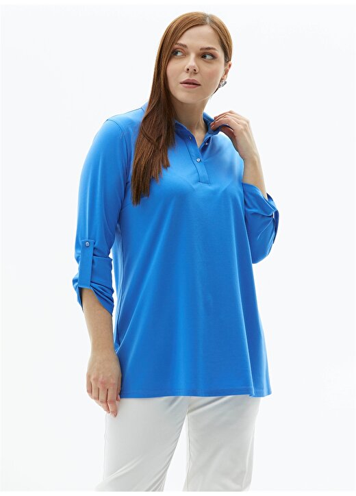 Selen Polo Yaka Düz Mavi Kadın Bluz 24YSL8858-BB 2