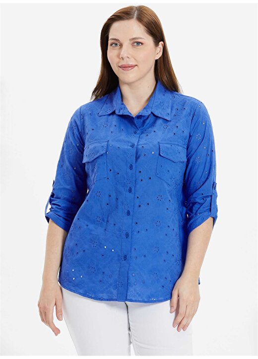 Selen Gömlek Yaka Desenli Mavi Kadın Bluz 24YSL8865-BB 1