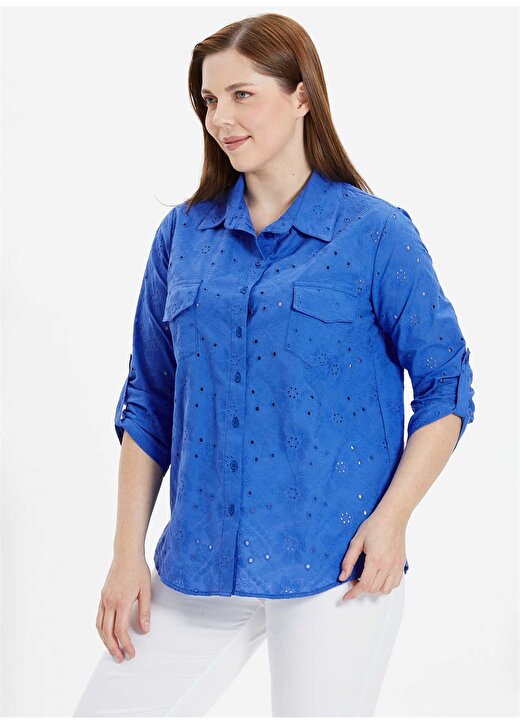 Selen Gömlek Yaka Desenli Mavi Kadın Bluz 24YSL8865-BB 2