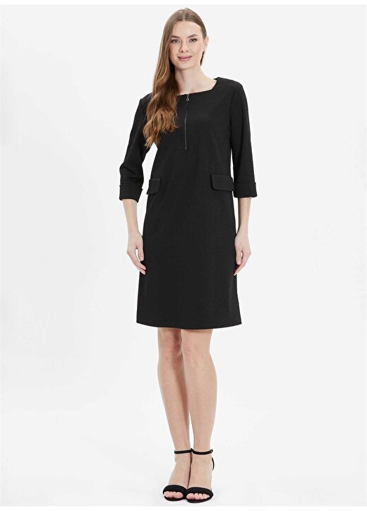 Selen U Yaka Desenli Siyah Standart Kadın Elbise 24YSL7470 1