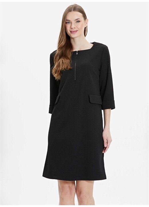 Selen U Yaka Desenli Siyah Standart Kadın Elbise 24YSL7470 2