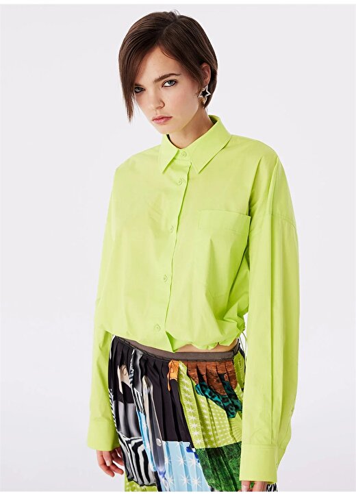 Twist Oversized Gömlek Yaka Düz Neon Yeşil Kadın Gömlek TS1240025043DE6 2