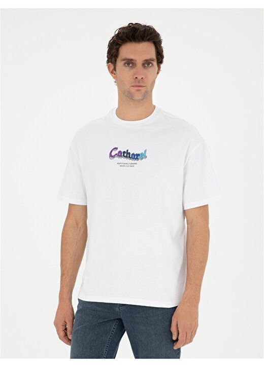 Cacharel Bisiklet Yaka Nakışlı Beyaz Erkek T-Shirt SUNY 1