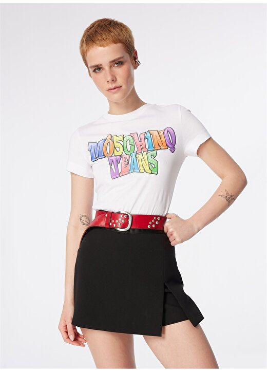 Moschino Jeans Yuvarlak Yaka Baskılı Beyaz Kadın T-Shirt 241K1A0708 2