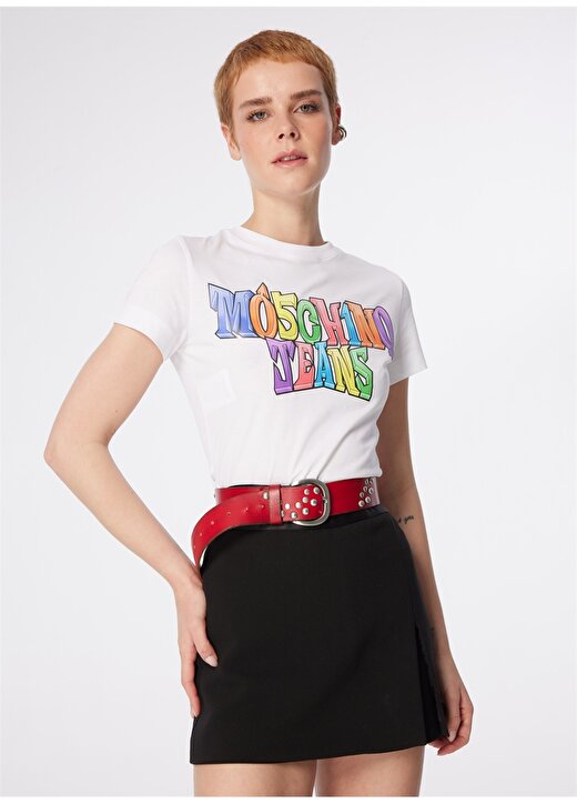 Moschino Jeans Yuvarlak Yaka Baskılı Beyaz Kadın T-Shirt 241K1A0708 4