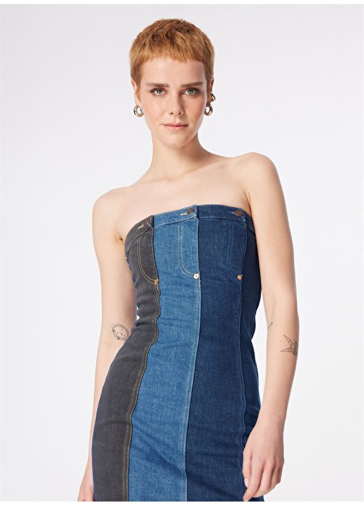 Moschino Jeans Straplez Yaka Desenli İndigo Kısa Kadın Elbise 241K1J0401 2