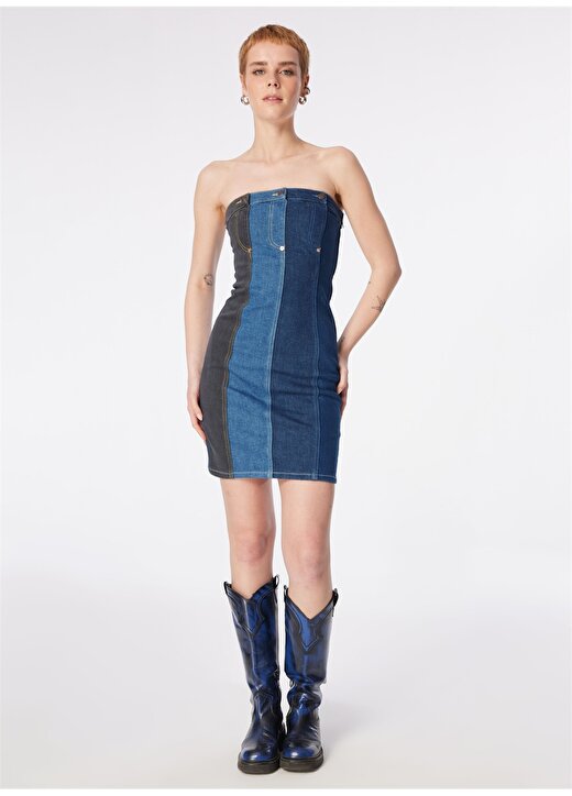 Moschino Jeans Straplez Yaka Desenli İndigo Kısa Kadın Elbise 241K1J0401 3