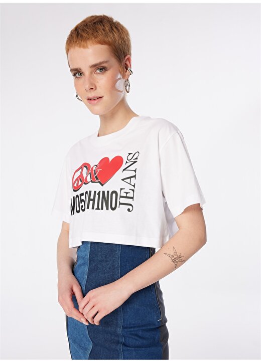 Moschino Jeans Yuvarlak Yaka Baskılı Beyaz Kadın T-Shirt 241K1J0703 1