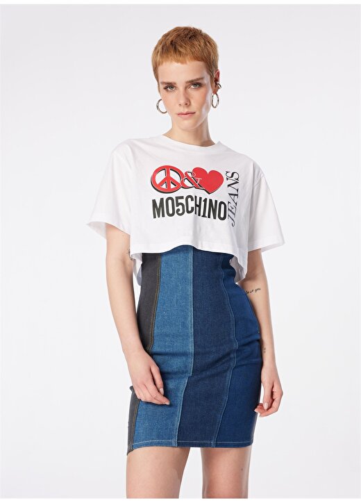 Moschino Jeans Yuvarlak Yaka Baskılı Beyaz Kadın T-Shirt 241K1J0703 2