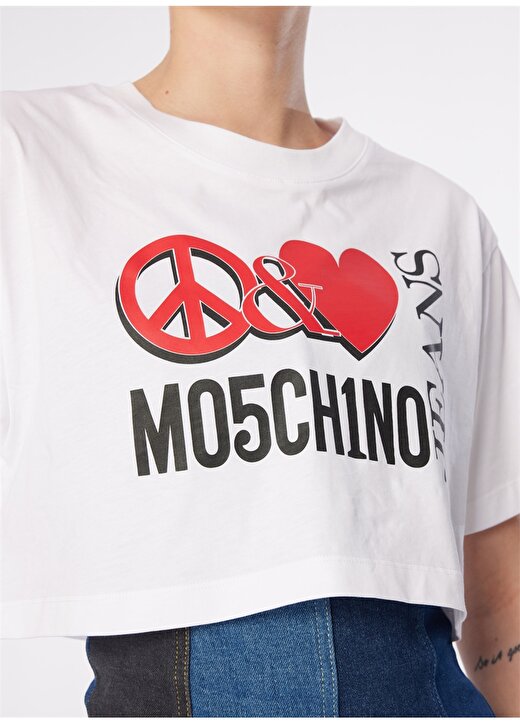 Moschino Jeans Yuvarlak Yaka Baskılı Beyaz Kadın T-Shirt 241K1J0703 3