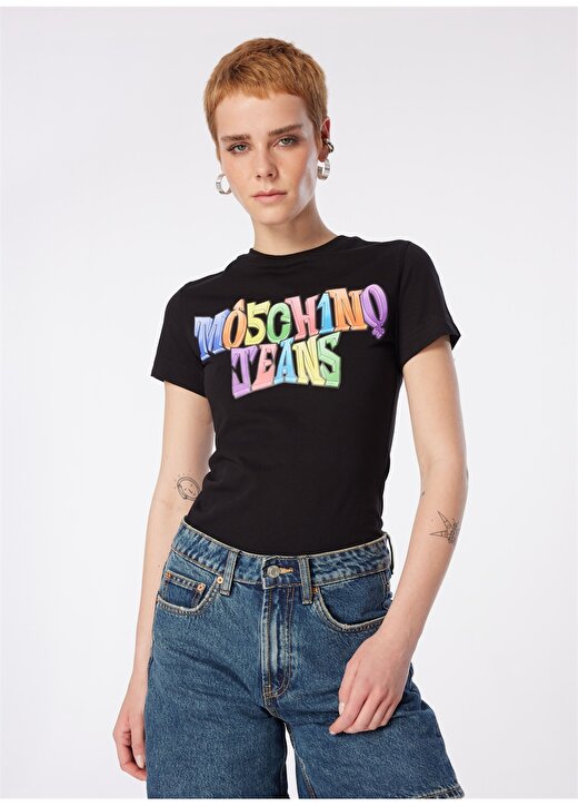 Moschino Jeans Yuvarlak Yaka Baskılı Siyah Kadın T-Shirt 241K1A0708 4
