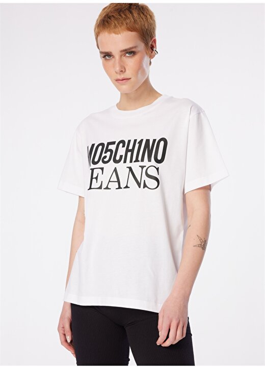 Moschino Jeans Yuvarlak Yaka Baskılı Beyaz Kadın T-Shirt 241K1J0712 4
