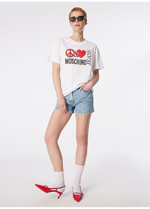 Moschino Jeans Yuvarlak Yaka Baskılı Beyaz Kadın T-Shirt 241K1J0709 3