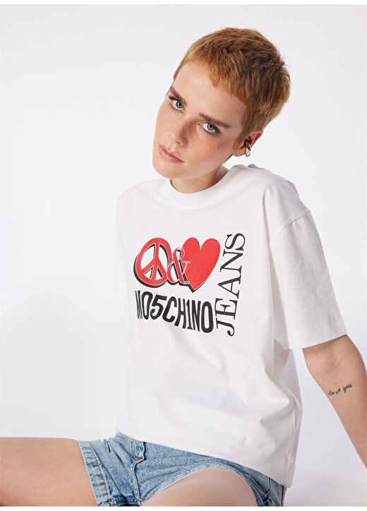 Moschino Jeans Yuvarlak Yaka Baskılı Beyaz Kadın T-Shirt 241K1J0709 4