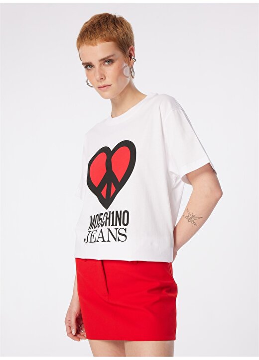 Moschino Jeans Yuvarlak Yaka Baskılı Beyaz Kadın T-Shirt 241K1J0710 1