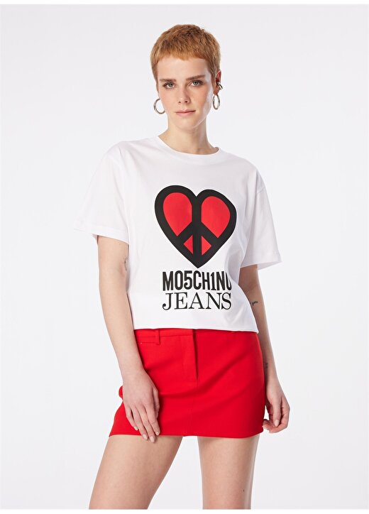 Moschino Jeans Yuvarlak Yaka Baskılı Beyaz Kadın T-Shirt 241K1J0710 3