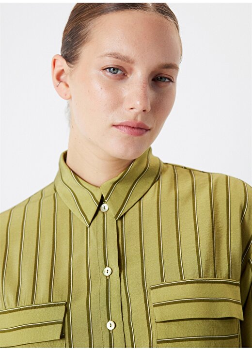 İpekyol Normal Gömlek Yaka Çizgili Yeşil Kadın Gömlek IS1240025103070 4