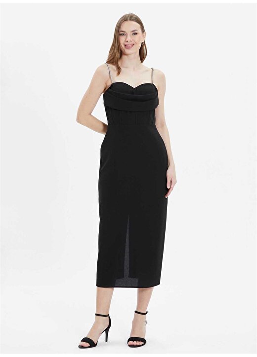 Selen V Yaka Taşlı Siyah Standart Kadın Elbise 24YSL7477 1
