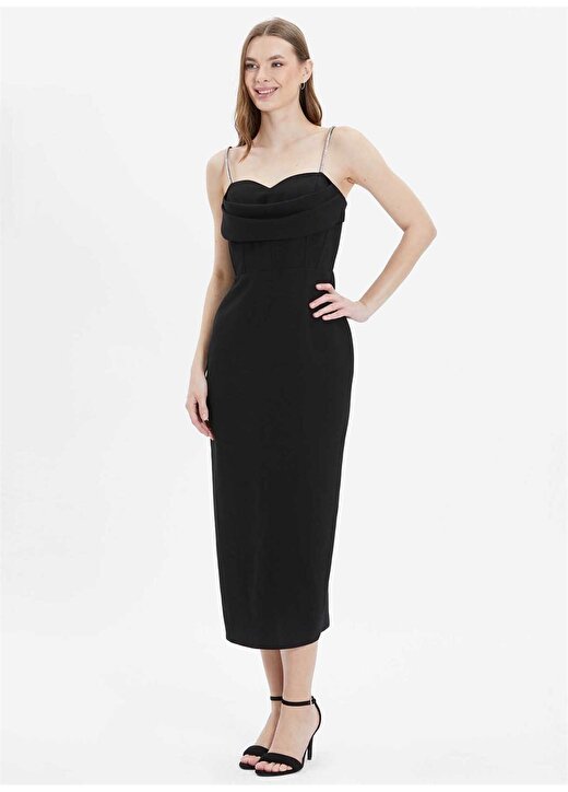 Selen V Yaka Taşlı Siyah Standart Kadın Elbise 24YSL7477 2