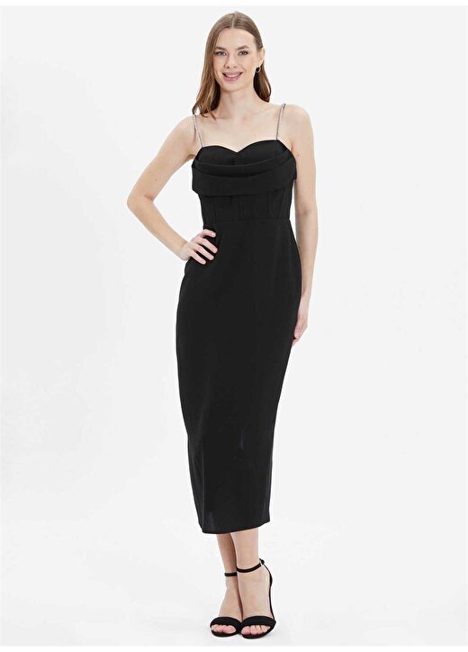Selen V Yaka Taşlı Siyah Standart Kadın Elbise 24YSL7477 3