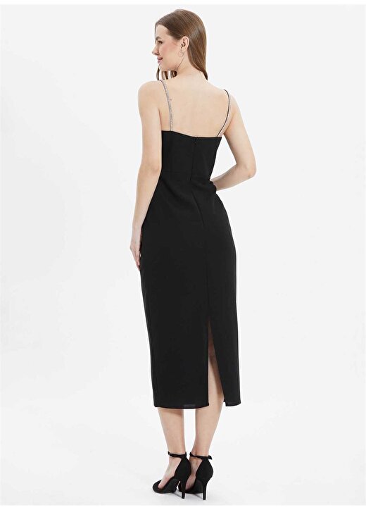 Selen V Yaka Taşlı Siyah Standart Kadın Elbise 24YSL7477 4