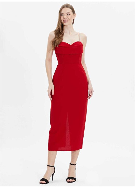 Selen V Yaka Taşlı Kırmızı Standart Kadın Elbise 24YSL7477 2