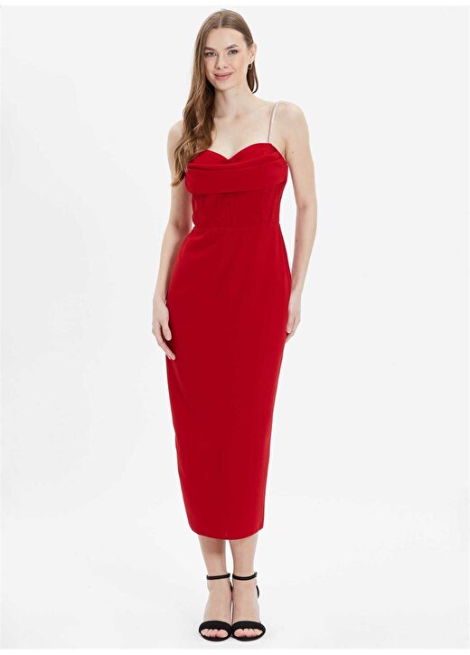 Selen V Yaka Taşlı Kırmızı Standart Kadın Elbise 24YSL7477 3