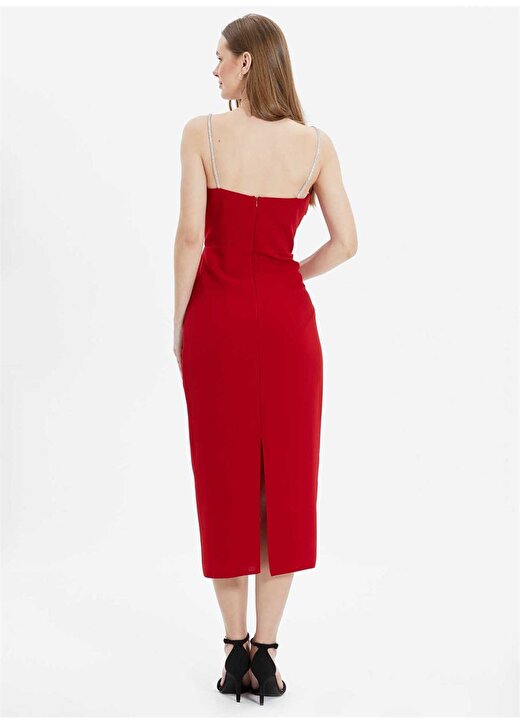 Selen V Yaka Taşlı Kırmızı Standart Kadın Elbise 24YSL7477 4