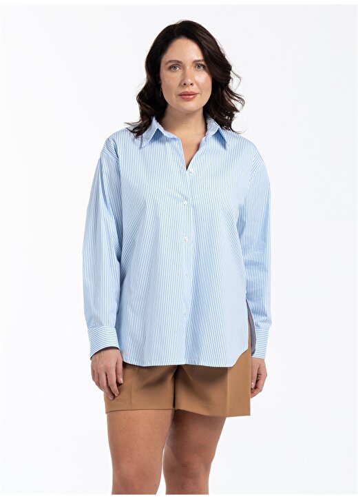 Luokk Rahat Balıkçı Yaka Çizgili Mavi - Beyaz Kadın Gömlek CARLEEN 2