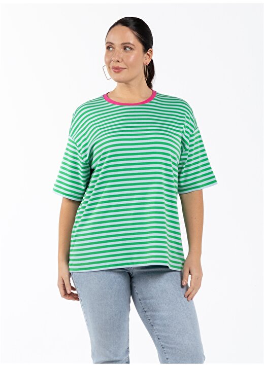 Luokk Yuvarlak Yaka Çizgili Yeşil Kadın T-Shirt MILA 2
