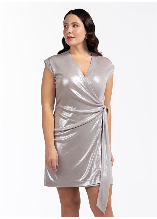 Luokk Kruvaze Yaka Çizgili Gümüş Midi Kadın Elbise NORA 1