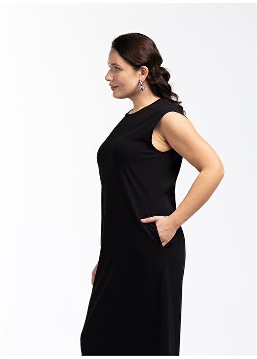 Luokk Yuvarlak Yaka Düz Siyah Midi Kadın Elbise ASTRID 2