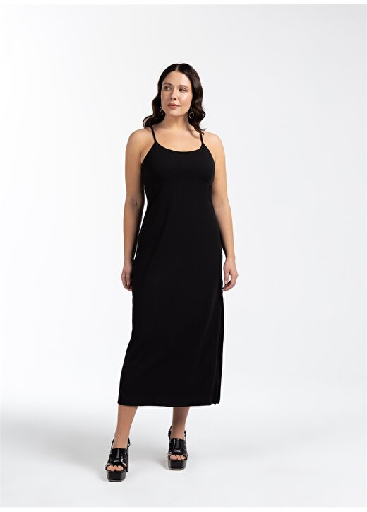 Luokk U Yaka Düz Siyah Midi Kadın Elbise AMARI 1