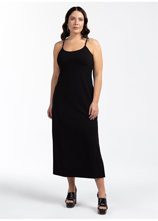 Luokk U Yaka Düz Siyah Midi Kadın Elbise AMARI 2