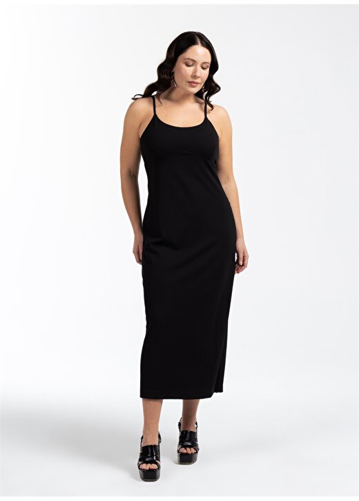 Luokk U Yaka Düz Siyah Midi Kadın Elbise AMARI 4
