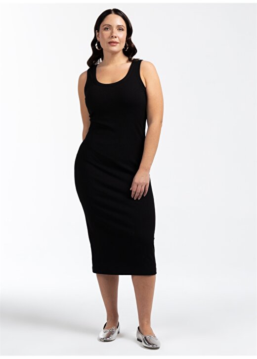 Luokk U Yaka Düz Siyah Midi Kadın Elbise SANDRA 2