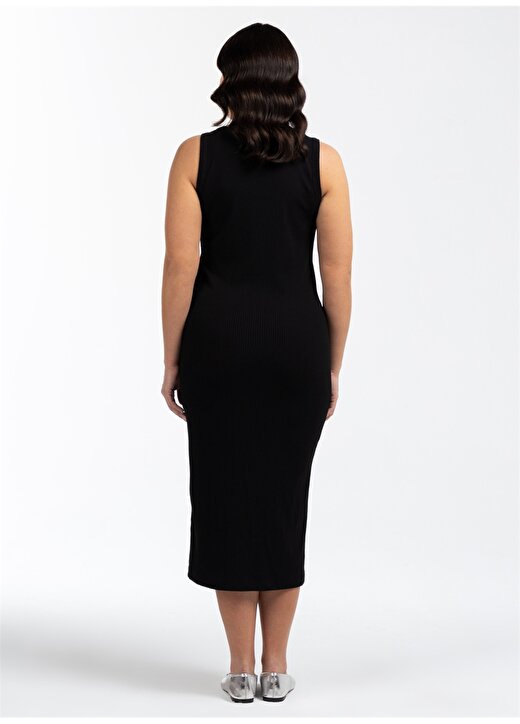 Luokk U Yaka Düz Siyah Midi Kadın Elbise SANDRA 4