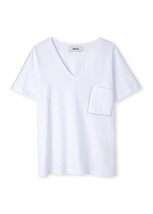 İpekyol V Yaka Taşlı Beyaz Kadın T-Shirt IS1240070222002 2