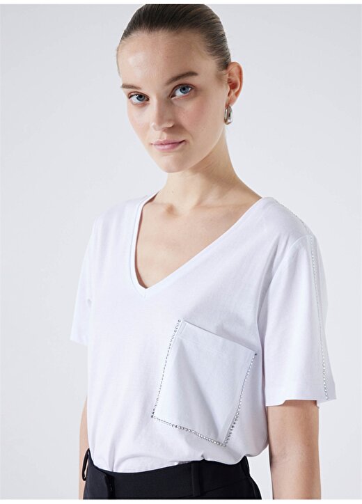 İpekyol V Yaka Taşlı Beyaz Kadın T-Shirt IS1240070222002 4