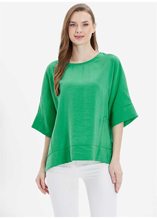 Selen O Yaka Düz Yeşil Kadın Bluz 24YSL8883 1