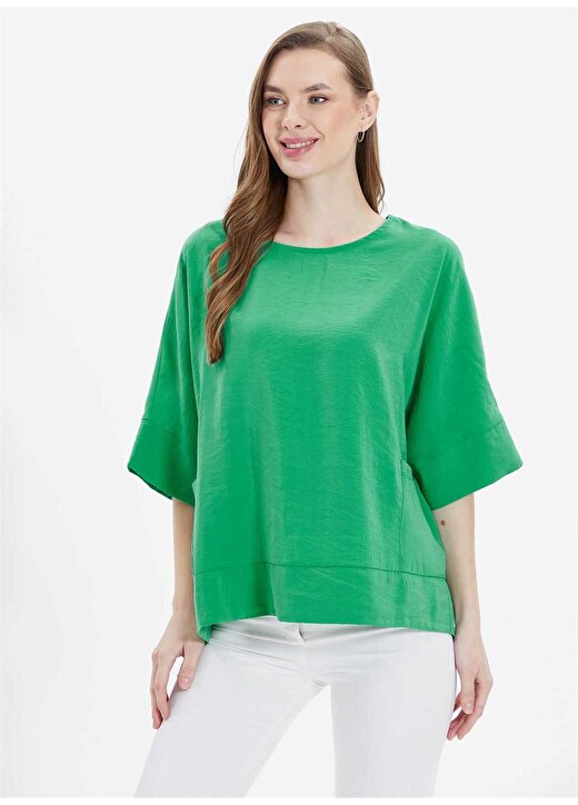 Selen O Yaka Düz Yeşil Kadın Bluz 24YSL8883 2