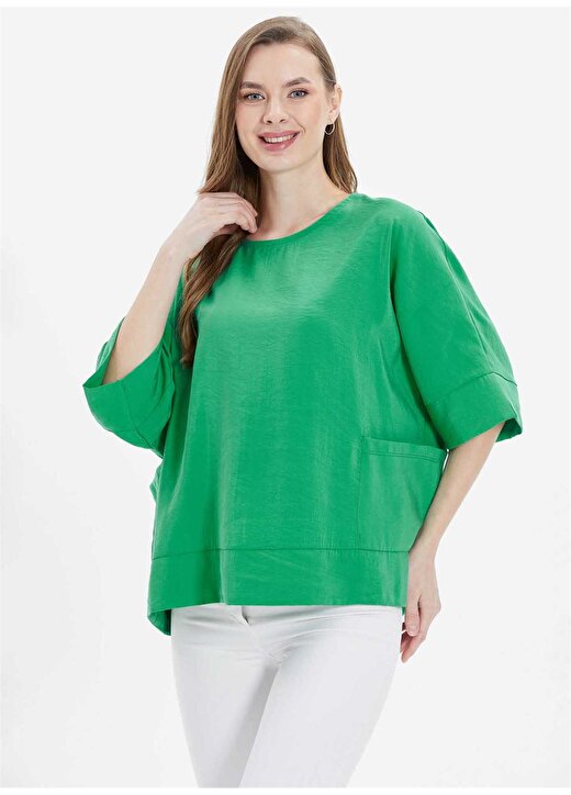 Selen O Yaka Düz Yeşil Kadın Bluz 24YSL8883 3