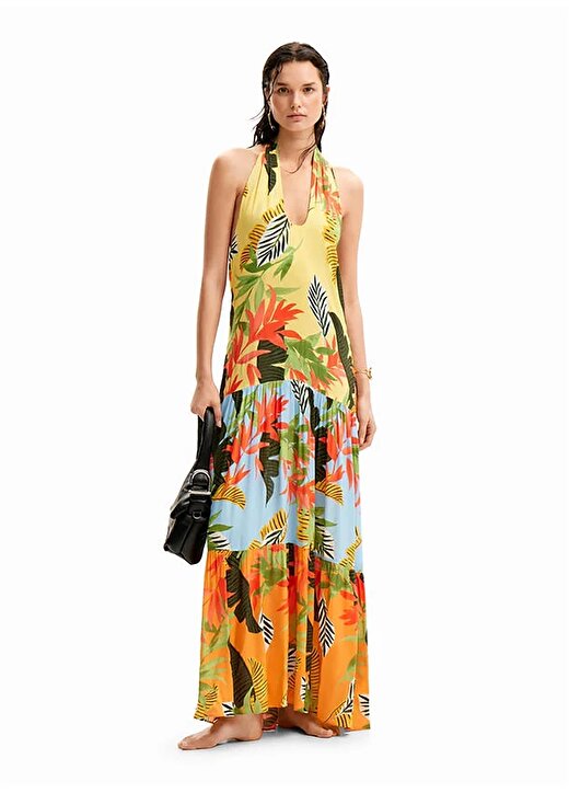 Desigual Klasik Yaka Desenli Çok Renkli Uzun Kadın Elbise 24SWMW08 2