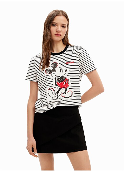 Desigual Mickey Mouse Baskılı Yuvarlak Yaka Beyaz Kadın T-Shirt 24SWTK77 2