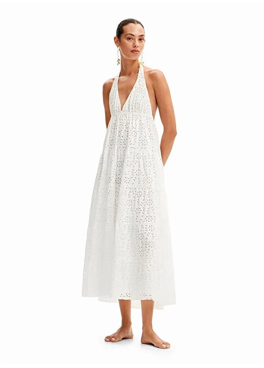 Desigual V Yaka Düz Beyaz Uzun Kadın Elbise 24SWVK46 2